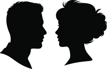 Silhouette of two heads facing each other, short and curly hair profiles representing psychological contrast, conversation, identity, and human connection