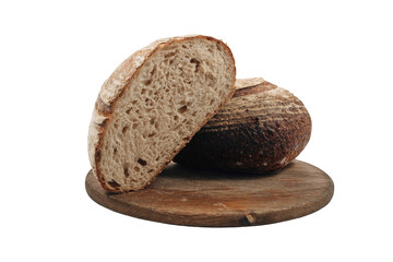 Pain Au Levain Dark Sourdough Bread on Wooden Board, Isolated on White Background side view of italian baked