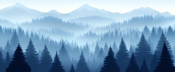 A modern illustration of a coniferous winter forest, emphasizing the intersection of nature and landscape, where pine, spruce, and christmas trees stand out against a misty veil of evergreen trees