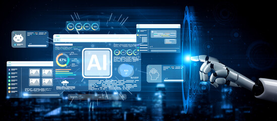 Obraz premium AI Assistant Brain Processor with LLM Technology, Big Data, Machine Learning, Generative AI for Business Support, Future Agentic AI Technology and Artificial Intelligence Prompt Engineering. Vouch