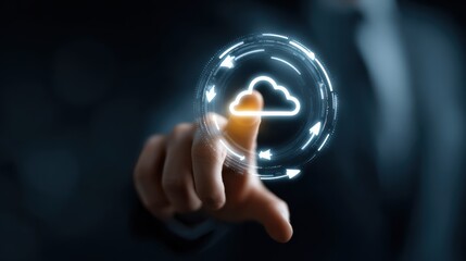 data exchange and cloud service concept with man finger on digital touch screen with glowing virtual cloud sign and arrows in circles on dark background with copyspace mock up no logos no brands ar 1