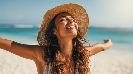 people and leisure concept  happy smiling woman on summer beach no logos no brands ar 169