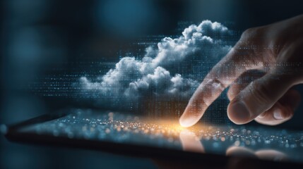 close up of hand using tablet with creative glowing clouds hologram on blurry binary code background cloud computing and database concept double exposure no logos no brands ar 169