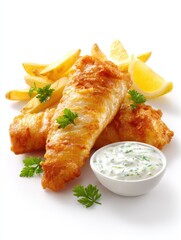 british fish and chips with tartar sauce on white background
