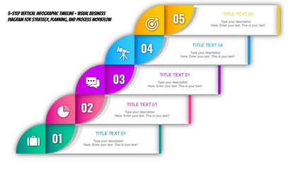 Fototapeta premium Modern 5 Step Infographic Timeline Template for PowerPoint – Colorful Vertical Business Diagram with Icons for Planning, Workflow, Strategy, Marketing, and Corporate Presentations