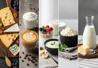 A Five-Panel Showcase of Artisan and Healthy Dairy Foods for editorial articles on dairy, health-focused blogs, layout backgrounds for food product ads, or dietary guides for nutrition & gourmet food