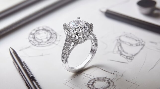 Sparkling diamond ring on design sketches.