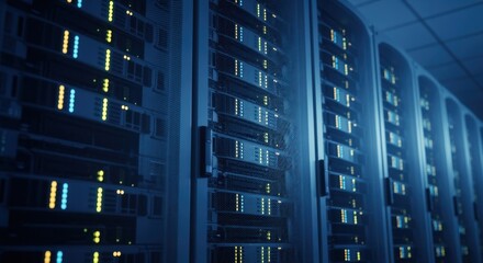 Working server racks with blinking led lights are storing and processing data inside a modern data center, ensuring global network connectivity