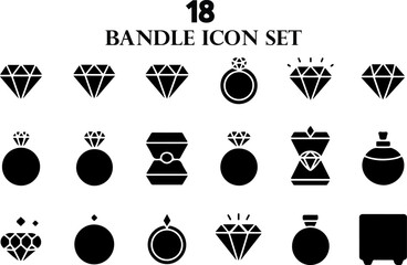 Group of 18 filled black icons representing jewelry and luxury items with diamonds and rings