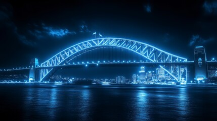 Naklejka premium Night view of illuminated arch bridge over water with city skyline.