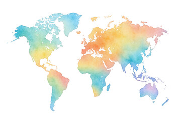 Obraz premium Vibrant Watercolor World Map with a Spectrum of Colors Representing Global Diversity and Connectivity