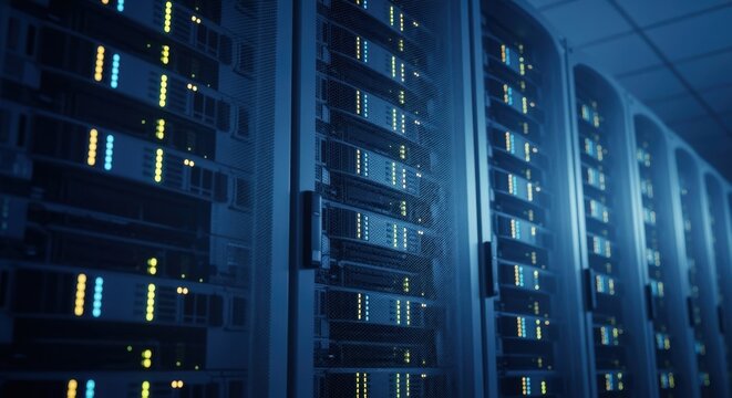 Working server racks with blinking led lights are storing and processing data inside a modern data center, ensuring global network connectivity
