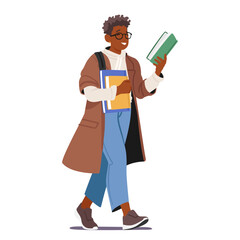 Smart teenage student cartoon nerd boy character remembering homework task walking to university