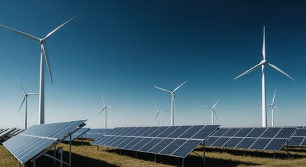 Green energy infrastructure featuring solar modules amid open land and rotating wind generators.