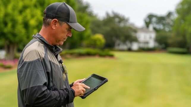 Overtheshoulder view of a golf course manager reviewing digital moisture data on a tablet directing watering schedules to maintain consistent turf quality.