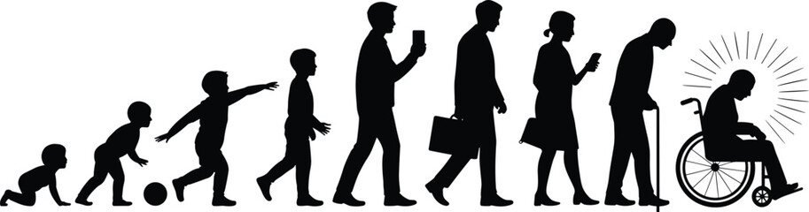Silhouettes of human life stages, baby to elderly, aging timeline, physical evolution, black white art, generational journey, posture change