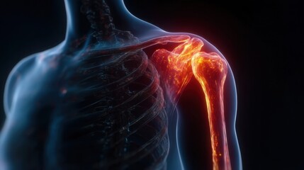 Naklejka premium Slowmotion image of arm movement revealing rotator cuff impingement causing bright scarlet inflammation around supraspinatus.