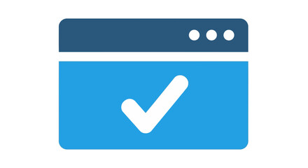 Vector art of a blue and dark blue graphic icon representing a checkmark inside a web browser window