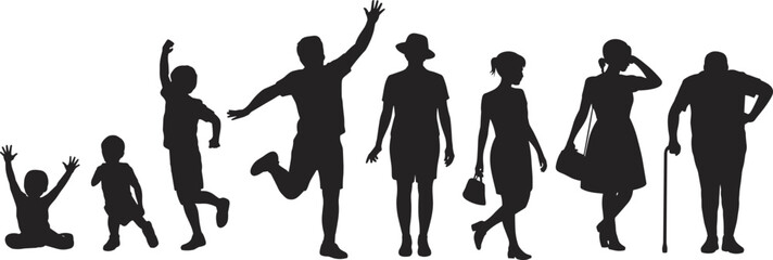 Silhouettes of human life stages, child to elderly, aging progression, black white art, growth timeline, generational evolution, posture change