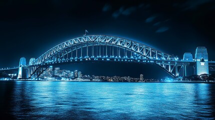 Night view of illuminated steel arch bridge over dark water with city skyline in background.