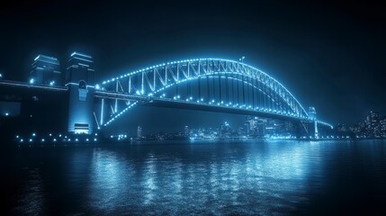 Obraz premium Illuminated bridge at night, reflecting on calm water, city skyline in background.