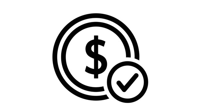 Vector art of a black and white icon depicting a coin with a dollar sign and a checkmark, symbolizing financial success or approval
