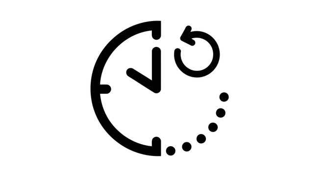 Vector art of a stylized black clock icon with a circular arrow and dotted line indicating the passage of time