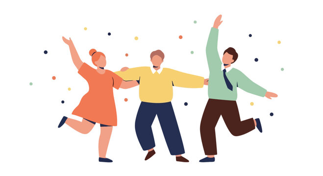Vector art of three friends joyfully dancing and jumping together with confetti in the air, celebrating a happy moment