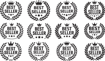 Best seller badge. Bestselling award icon with crown and stars. Transparent PNG and vector illustration set