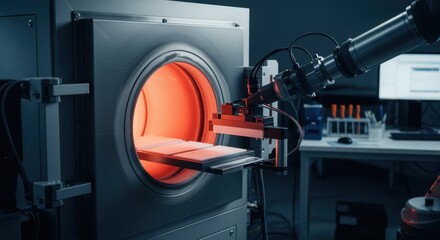 Coating furnace in an industrial lab where metal interconnect plates undergo ceramic layer application for solidoxide fuel cells.