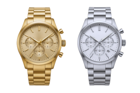 Elegant Gold and Silver Chronograph Wristwatches Displaying Precision Timekeeping and Sophisticated Design