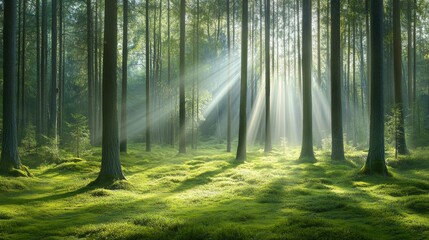 Fototapeta premium The forest comes alive in spring as sunlight pours through the green foliage of the trees