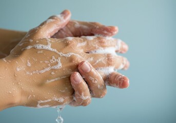Fototapeta premium Close up of hands being thoroughly washed with foamy soap and water