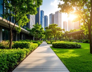 Urban parkway with modern buildings