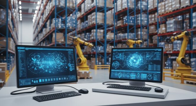 Smart warehouse environment with computerized control panels and visualized data linkages.