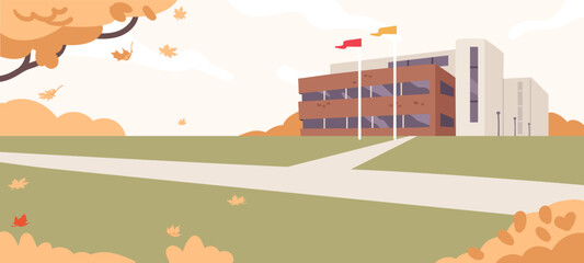 University yard in autumn cartoon background with building architecture and green park landscape