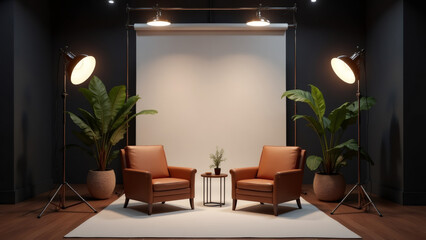 Interview Set with Two Leather Armchairs and Plants in a Modern Studio