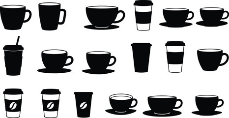 A collection of black silhouette coffee cups and mugs, including paper cups with lids, for cafe and beverage designs, vector illustration set.