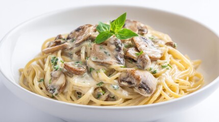 A delicious serving of spaghetti topped with a rich and creamy mushroom sauce, garnished with fresh herbs, presented in a simple white bowl.