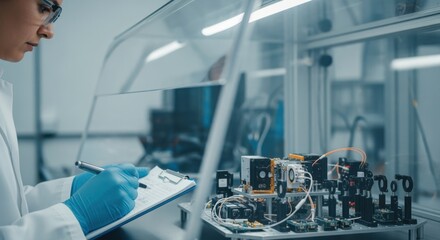 Lab technician documenting quantum keydistribution satellite payload calibration steps under a transparent clean bench canopy.
