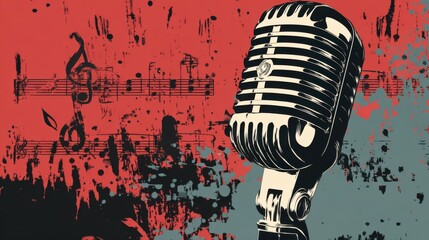 A vintage-style microphone stands prominently against a vibrant background with musical notes. This setup evokes a lively ambiance perfect for a music event or recording session.