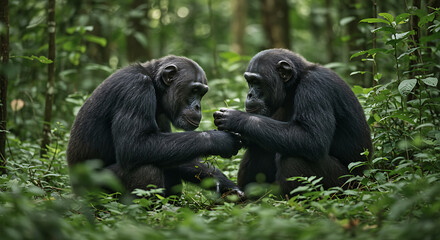 Photograph two chimpanzees engaging in grooming behavior in a jungle setting. Focus on social bonding, gentle interaction, and expressions of trust and care.

