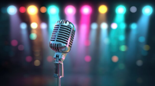 A vintage-style microphone is positioned prominently, with vivid stage lights creating a vibrant atmosphere for a live music event at night. The setting exudes excitement and anticipation.