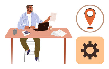 Man holding paper while seated at desk with laptop, smartphone, and coffee. Nearby, location pin and gear icons symbolize multitasking, workflow, and innovation. Ideal for work, tech planning
