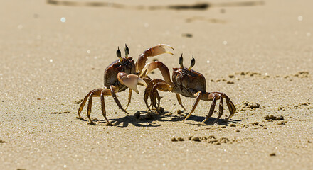 Photograph two or more crabs in a territorial fight on the sand. Emphasize raised pincers, aggressive posture, and natural competition.


