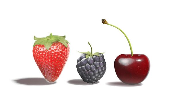 Strawberry, blackberry and cherry looped rotation, isolated on white background