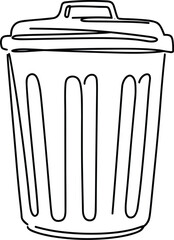 Outline drawing of a trash can with a lid, a black and white vector illustration, perfect for a design element or icon.