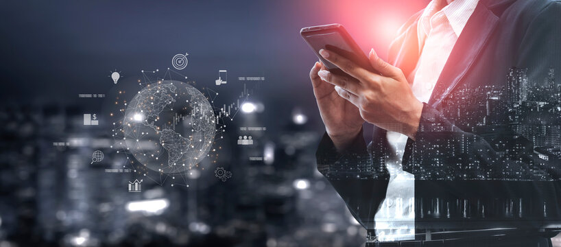 Global business network connecting digital economy and data exchange. Global business expands market, business shares data, global drives finance, and global business supports insight. Vouch