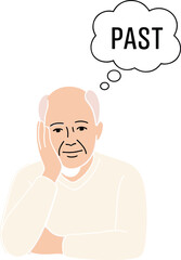 Elderly Person in Reflective Pose, Thought Bubble with Word “PAST”, Hand on Face Gesture, Contemplating Memories, Emotional Scene