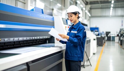 Woman inspecting print job in large industrial printing factory